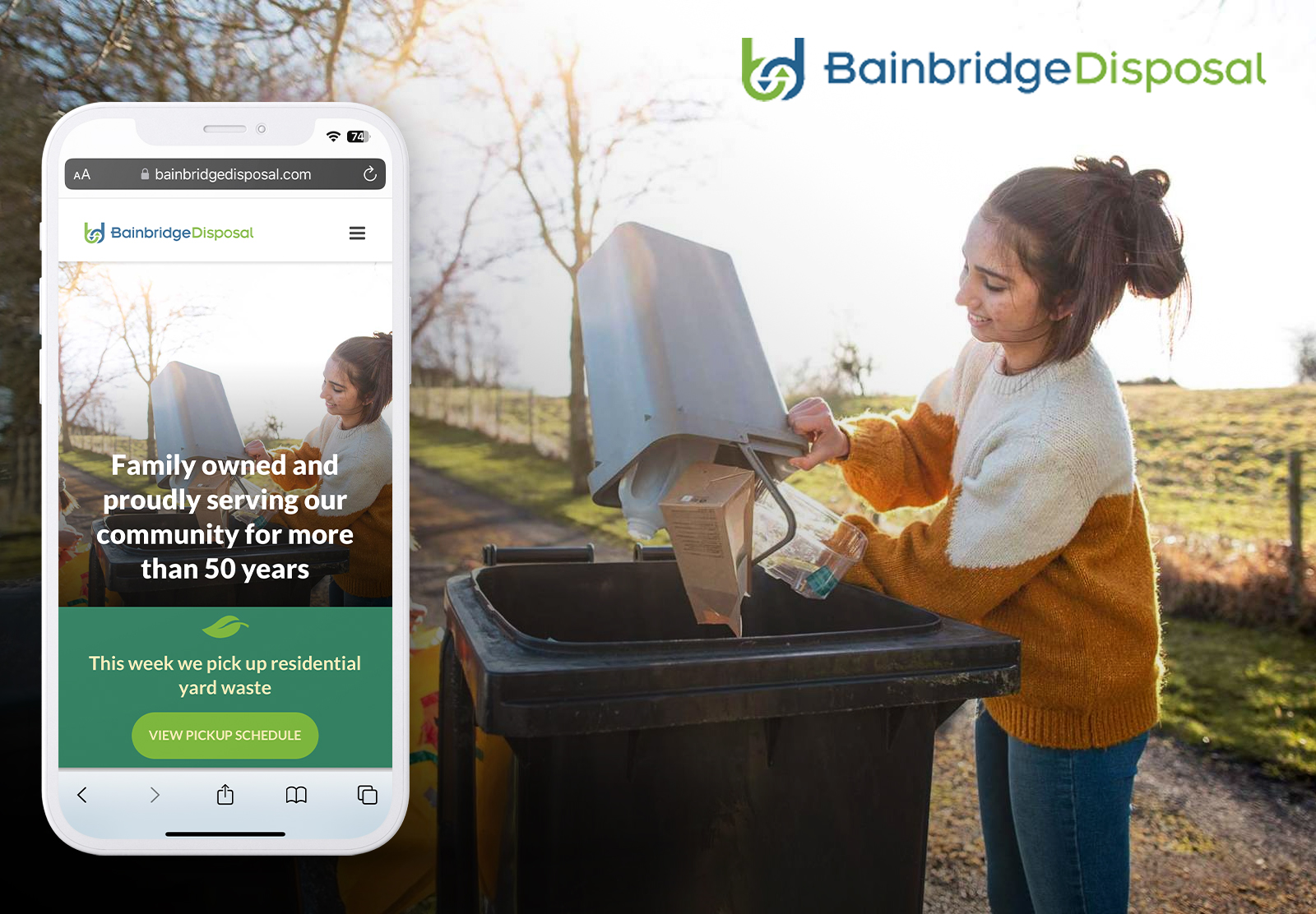 Screenshot from the Bainbridge Disposal website displayed on a mobile phone with a woman dumping trash into a larger trashcan in the background