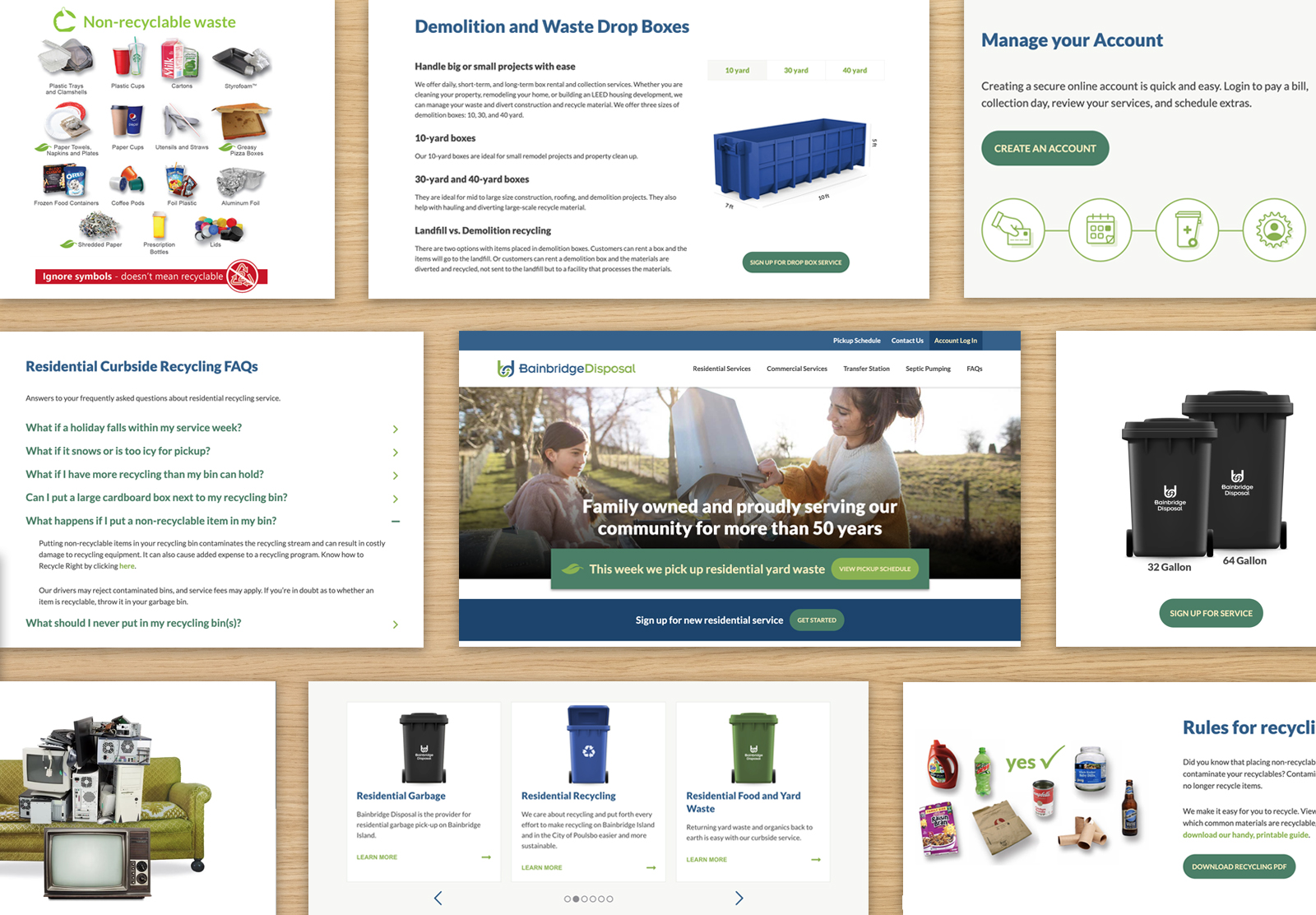 Collage of screenshots from the Bainbridge Disposal website