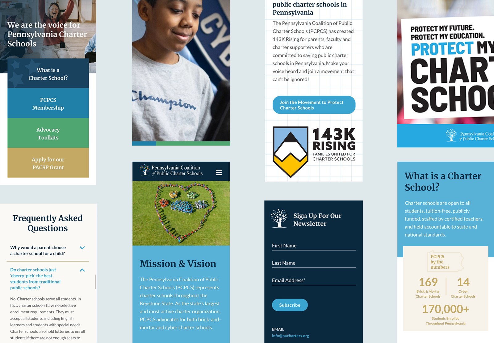 Collage of images showing the mobile version of the Pennsylvania Coalition of Public Charter Schools website