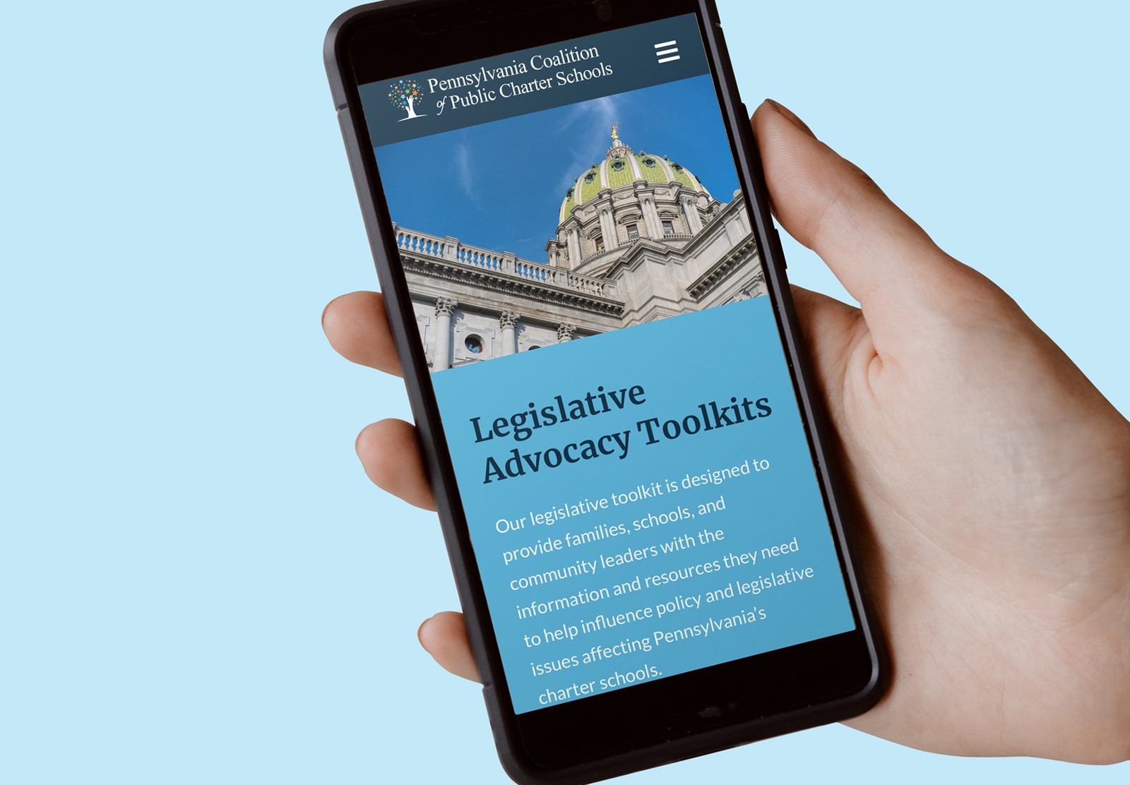 Screenshot of the Pennsylvania Coalition of Public Charter Schools website shown on a mobile phone