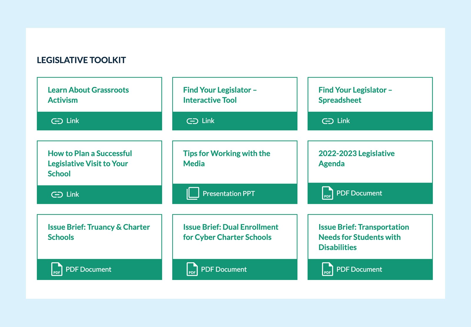 Example of the Pennsylvania Coalition of Public Charter Schools website toolkits