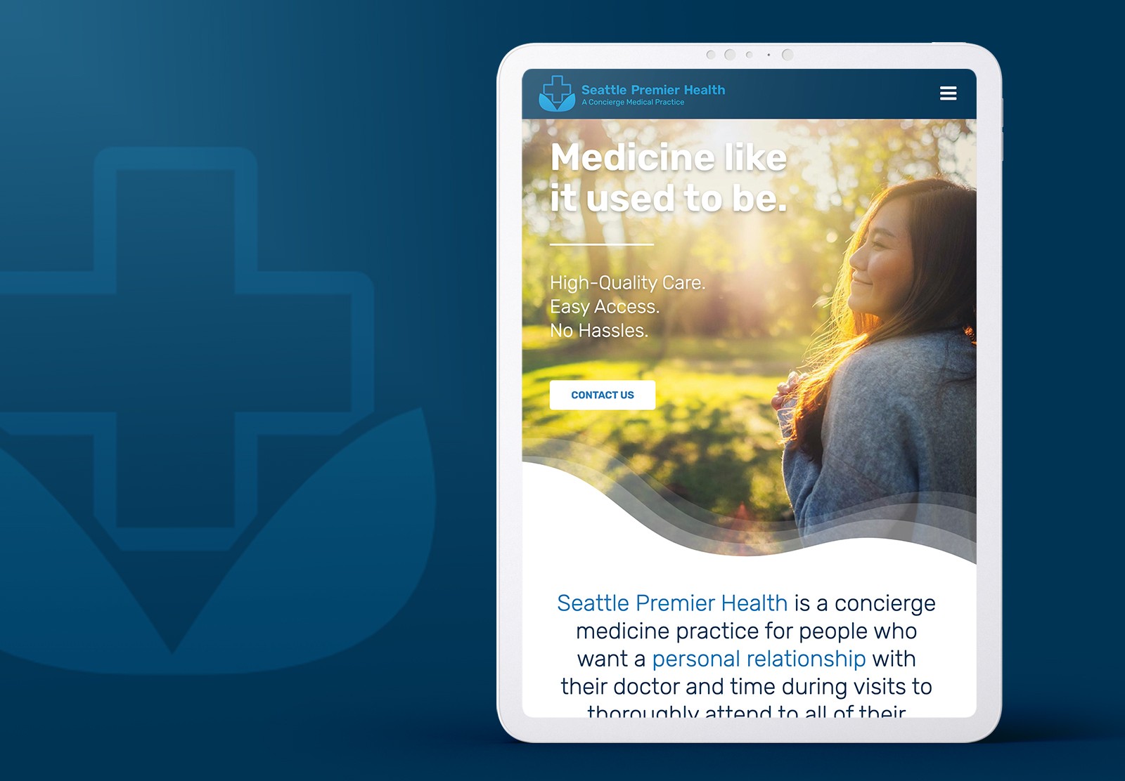 Screenshot of the Seattle Premier Health home page displayed on a tablet