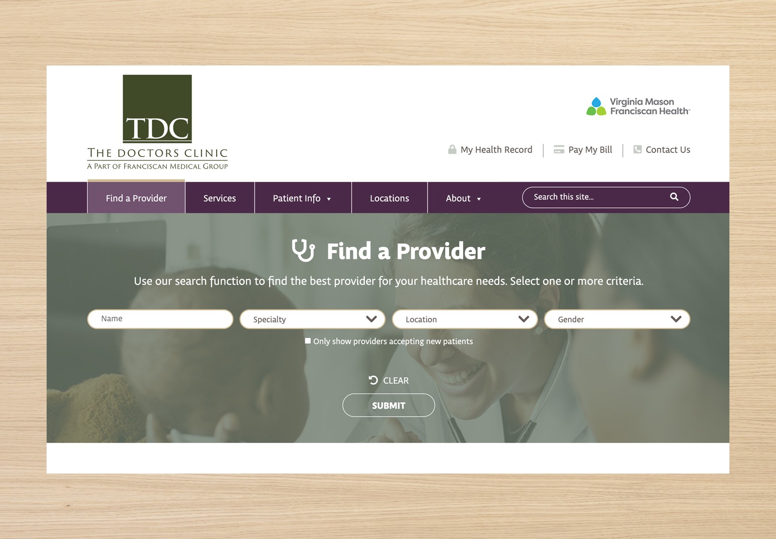 Screenshot of The Doctors Clinic website Find a Provider area