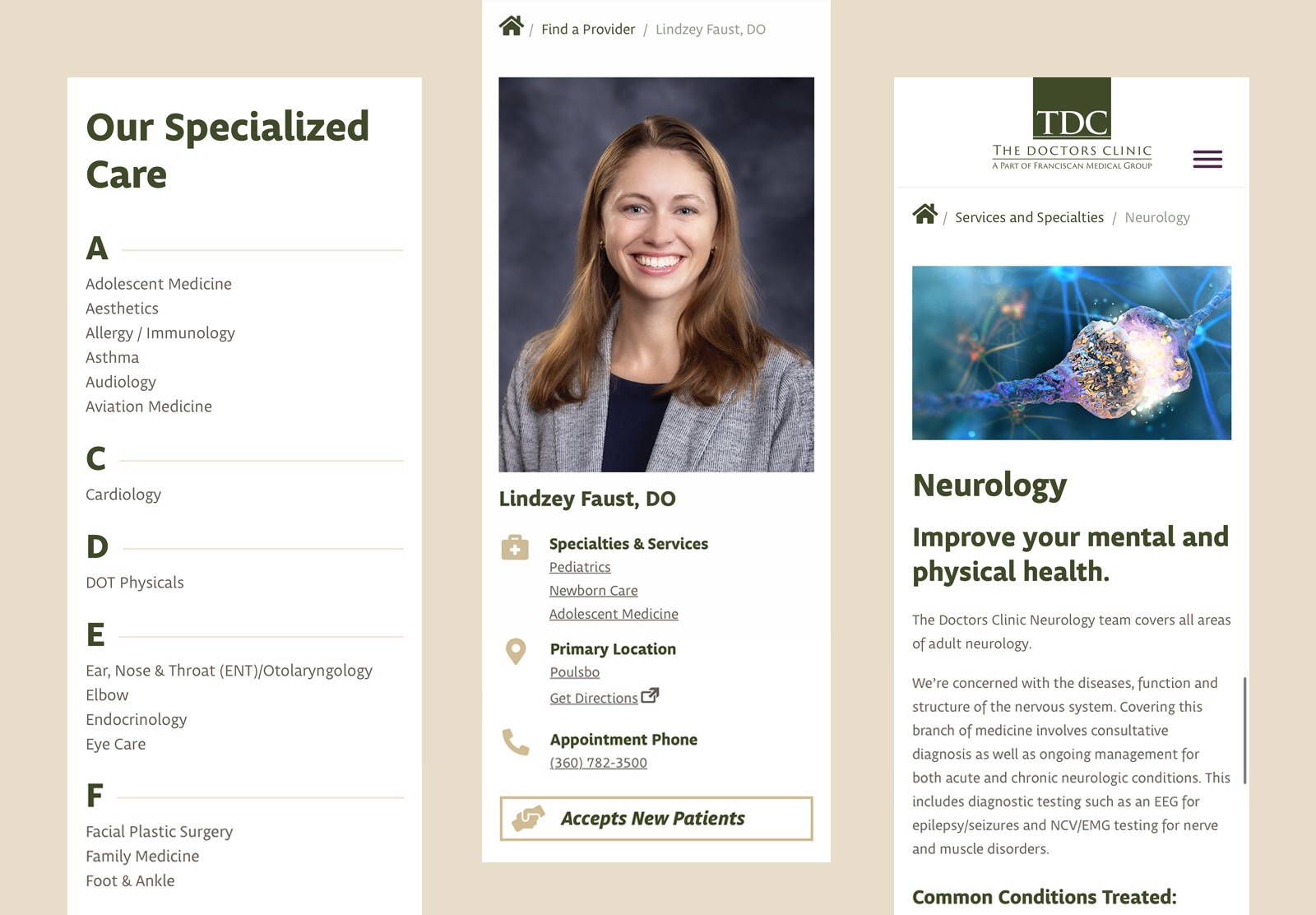 Collage of images showing the mobile version of The Doctors Clinic website