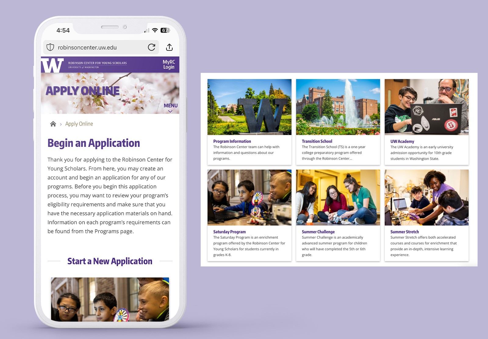 Screenshots of the UW Robinson Center website on a light purple background