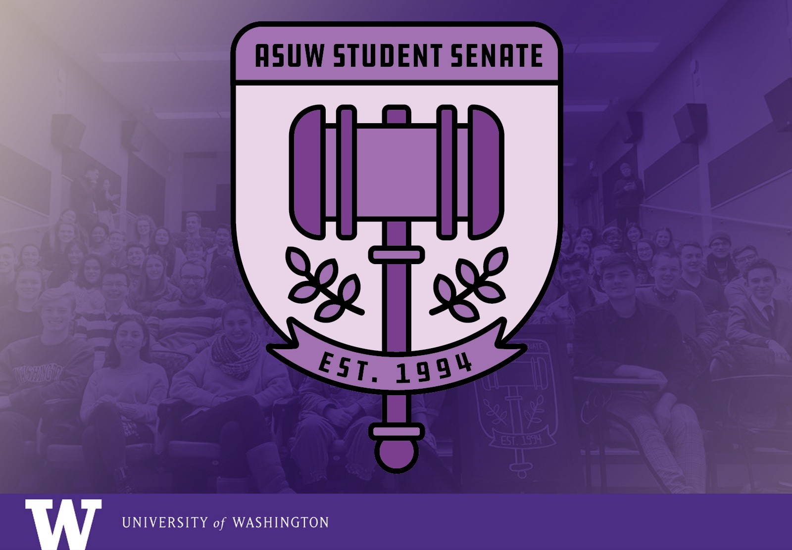 Large purple ASUW logo on a background image of students sitting in a classroom