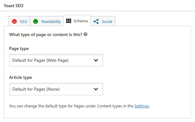 The Yoast SEO schema screen